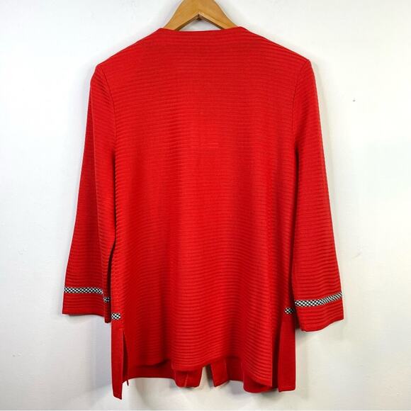 Ming Wang Poppy Red Gingham Trim Zip Front Long Sweater Jacket Womens S new nwt - Picture 8 of 16